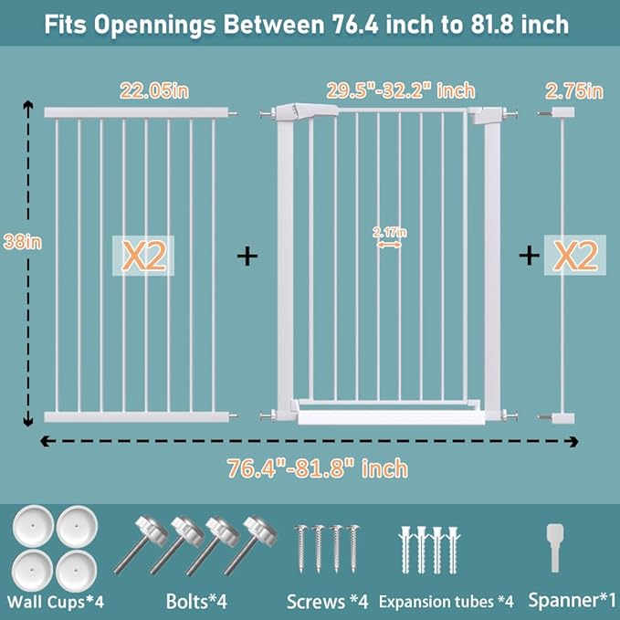 Fairy Baby 38" Extra Tall Baby Gate for Stairs, 76.4"-81.8" Extra Wide Large Pet Gate for Doorways, Metal Pressure Mounted Auto Close Safety Child Dog Gate Indoor for Toddler Kids or Pets, White