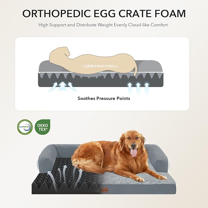 Orthopedic Dog Beds for Large Sized Dogs, Waterproof Egg Crate Foam Large Dog Couch Beds with Comfy Bolster 36x27Inch, Washable Pet Beds with Removable Cover and Nonskid Bottom, Grey