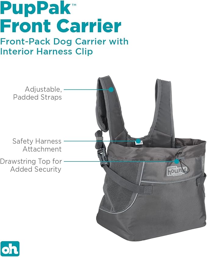 Outward Hound PupPak Dog Front Carrier, Medium, Grey – Hands-Free Hiking & Camping Pet Backpack for Small Pets up to 20 lbs, Padded Straps, Breathable Mesh, Water-Resistant, Safety Clip