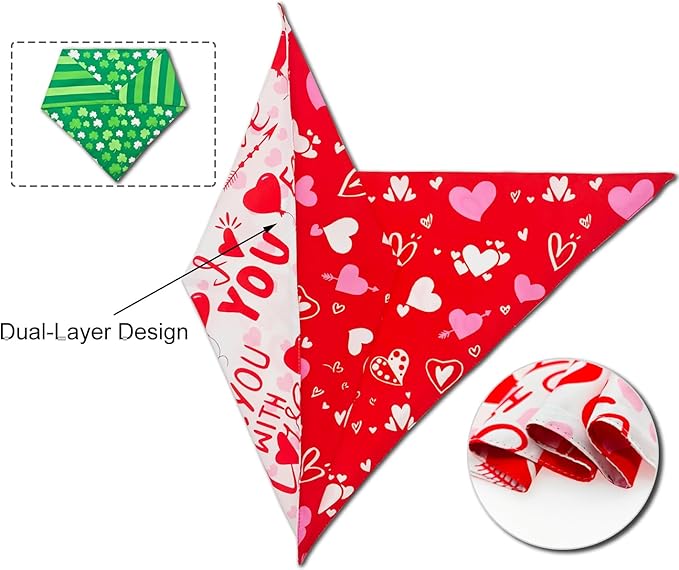 Valentine's & St. Patrick's Day Dog Bandana Set 2PCS-Small,Holiday Party Costumes,Pet Scarves for Boys and Girls,Dog Outfit Gifts for Small Dogs and Cats,Diverse Festive Styles