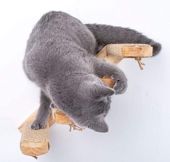 Skywin Cat Steps - Grey Solid Rubber Wood Cat Stairs Great for Scratching and Climbing - Easy to Install Wall Mounted Shelves for Playful Cats (Left to Right)