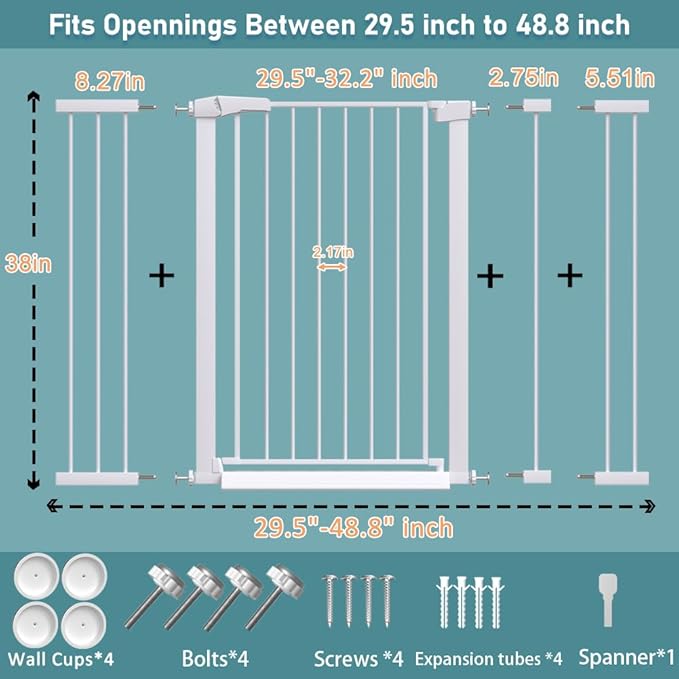 Fairy Baby 38" Extra Tall Pet Gate, 29.5"-48.8" Extra Wide Long Baby Gate, Metal Auto Close Safety Child Toddler Gate, Pressure Mounted Dog Gate No Climb Fence for Stairs Doorways Kid or Pet, White
