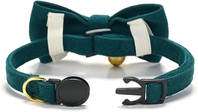 Cotton Breakaway Kitten Collar with Bow Tie and Bell Adjustable Cute Soft Corduroy Cat Collars for Small Cats(Dark Green,XS)