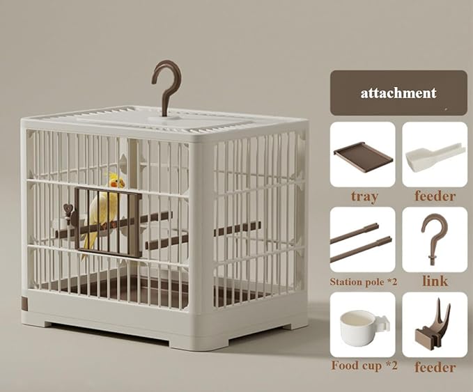 Travel Bird Cage Bird Travel Carrier Ornamental Birdcages Features Standing Pole Detachable Tray & Hook Handle for Parakeets (Gray)