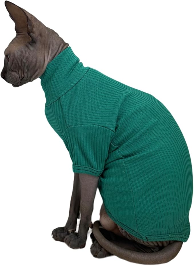 Sphynx Hairless Cats Shirt Cotton Cat Turtleneck Sweater Pullover Kitten T-Shirts with Sleeves Cat Pajamas Jumpsuit for Sphynx Cornish Rex, Devon Rex, Peterbald (XX-Large, Peacock Green)