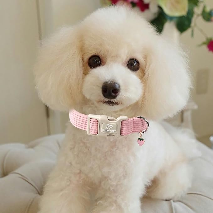 Cute Corduroy Dog Collar - Pink Adjustable Dog Collars for Large Dogs 50-80lbs, Fade-Proof with Secure Snap & Little Charm, Christmas Birthday Gift, L