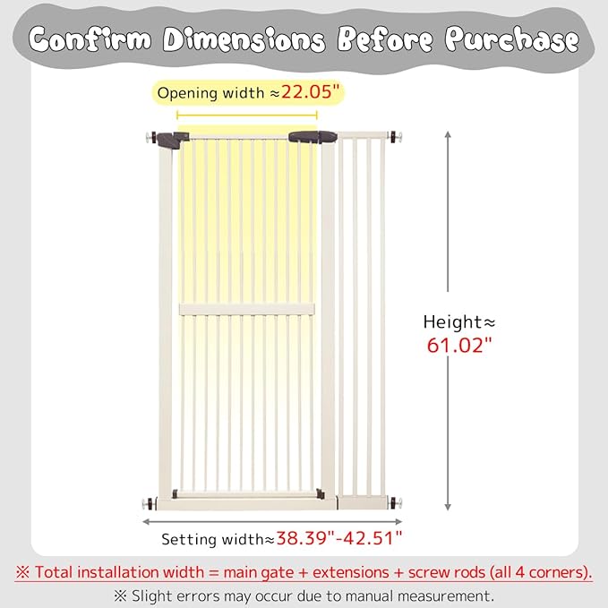 Lumizone Extra Tall Cat Gate 61.02" High Pressure Mounted Extra Wide 38.39"-42.51" (17Sizes) 1.37" Gap No Drilling Auto-Close Tall Pet Gate for Dogs (Cream, 38.39"-42.51" W)