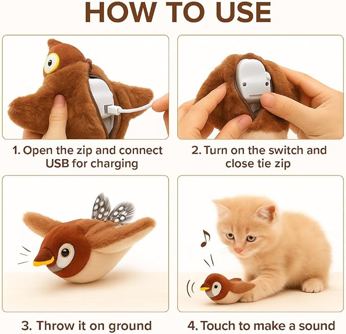 Flappy Flying Bird Cat Toy – Interactive Flapping & Chirping Bird Toy for Cats (Not Flying), Indoor Cat Toy for Exercise & Play, Durable Chew Toy for Bored Cats, Catnip Toy for Kitten or Small Dogs