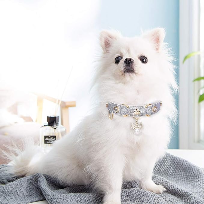 PetsHome Cat Collar, Dog Collar, [Bling Rhinestones] PU Leather Adjustable Pet Collar with Luxury Pendant for Big Cat and Small to Medium Dog Small Silvery