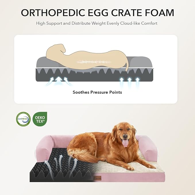Orthopedic Dog Beds for Extra Large Dogs, Waterproof Egg Crate Foam XL Dog Bed with Sides 48x30Inch, Big Dogs Couch Beds with Removable Washable Cover and Nonskid Bottom, Pink