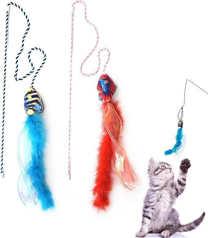 IUHKBH Cat Wand Toy, 2 PCS Vibrant Colors Teaser Toy Interactive Cat Toy for Indoor Cats Enrichment, Saft Kitty Toy for All Breed Sizes