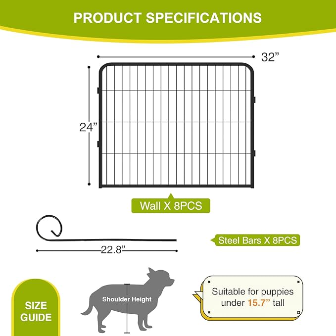 BestPet Dog Playpen 24 Inch 8 Panels Heavy Duty Metal Pet Exercise Pen Indoor Outdoor Without Door Fence Panels Anti-Skid Expandable Design