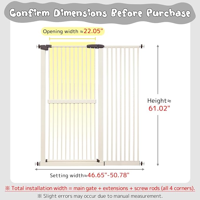 Lumizone Extra Tall Cat Gate 61.02" High Pressure Mounted Extra Wide 46.65"-50.78" (17Sizes) 1.37" Gap No Drilling Auto-Close Tall Pet Gate for Dogs (Cream, 46.65"-50.78" W)