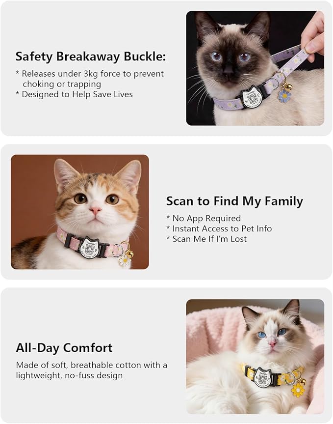 Cute Floral Breakaway Cat Collar with QR Code ID Tag, Soft Cotton Adjustable Kitten Collar with Bell, Personalized Scan ID for Cats, Daisy Pattern,Flower Pendant (Pink)
