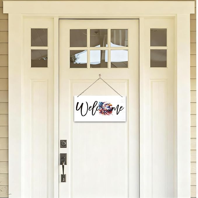 Welcome Sign for Front Door, Welcome Decor Wooden Hanging Sign for Wall Decor, American Bald Eagle Pattern Hanging Signs, Funny Wooden Outdoor Front Door Decoration 13.8X6.9 inches
