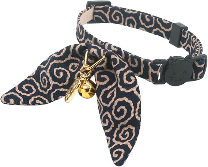 PetSoKoo Bunny Ears Cat Collar, Japan Lucky ‘開三運’ Charm. Safety Breakaway Bowtie Kitten Collar with Bell, Navy Blue