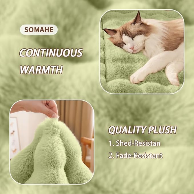 Self-Warming Cat Bed, Plush Faux Fur Pet Bed Mat with Anti-Slip Bottom, Ultra Soft Heated Pad for Cats & Kittens, Cozy Fluffy Bed for Window & Sills Couches, Machine Washable, 23x15 Inch Green