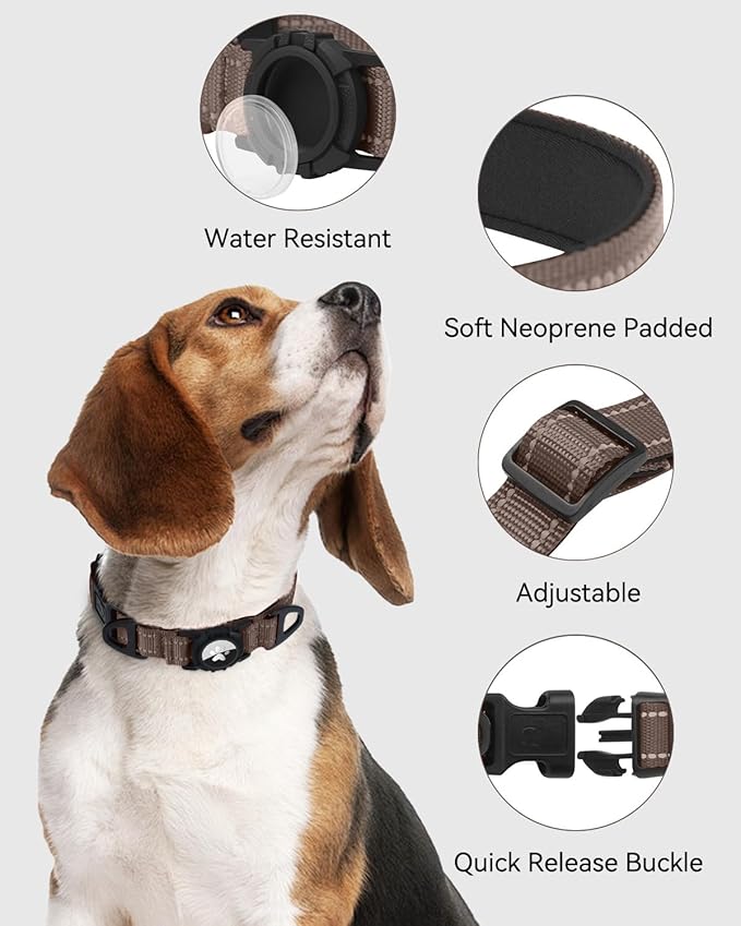 Joytale Airtag Dog Collar, Reflective Pet Collar with Waterproof AirTag Holder, Dual D-Rings, Soft Padded Adjustable for Extra Small and Puppy Dogs, Brown, XS