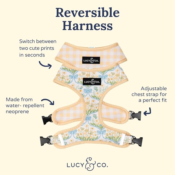 Lucy & Co. Sunshine and Daffodils Reversible Dog Harness, Adjustable Comfort Fit with Dual Leash Attachments, X-Small