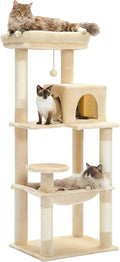 Cat Tree for Large Cats Adult with Metal Plush Big Hammock, 56.3" Cat Tower with 2 Door Condo House, 6-Tier Cat Shelves with Scratching Posts and Large Top Perch, Beige