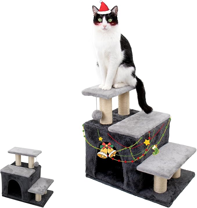 3-in-1 Pet Stairs for Cats for High Bed, Adjustable Dog Steps, Modular 3-Tier, Cushioned Steps & Cat Condo, Adjustable Entrance, Dangling Ball, for Kittens, Senior & Cats (Grey, Medium)