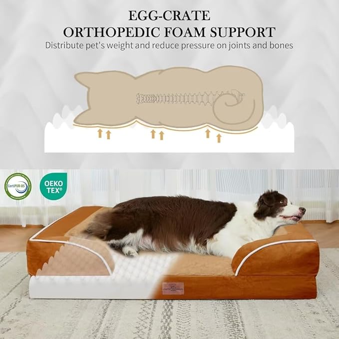 Comfort Expression Orthopedic Dog Bed for Extra Large Dogs 45x35 Inch, Waterproof Supportive Egg Crate Foam XL Pet Bed with Removable Bolsters, Dog Couch with Washable Cover & Non-Slip Bottom, Orange