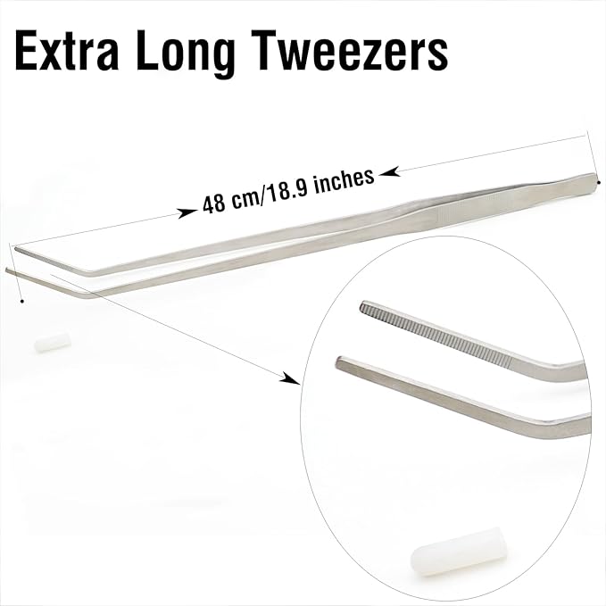 18.9 inch Heavy Duty Extra Long Tweezers for Salt & Fresh Water Fish Tank, Curved SUS 304 Stainless Steel Aquascape Tweezers for Aquarium & Terrarium, Large Metal Snake Feeding Tongs