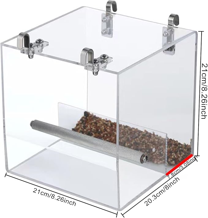 Automatic Acrylic Bird Feeder for Cage, No Mess - Small Bird Parrots, Canary, Parakeet, Budgerigar, Crested Myna, Cockatiel (XL)