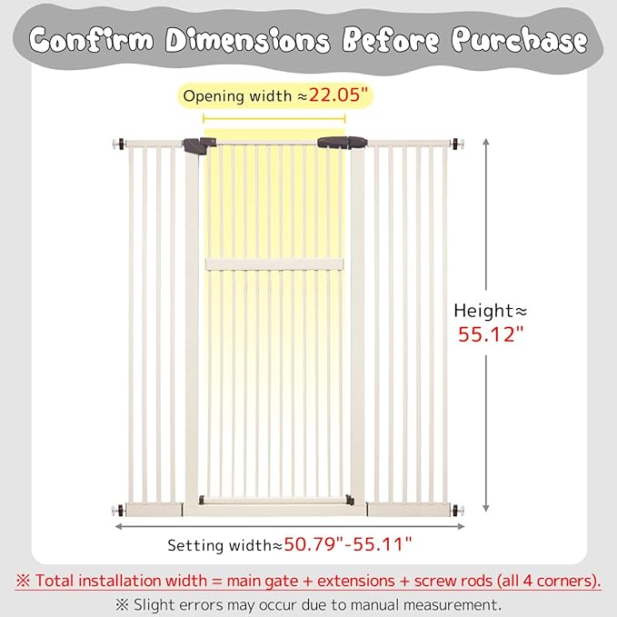 Lumizone Extra Tall Pet Gate 55.12" High Pressure Mounted 50.79"-55.11" Extra Wide (9 Sizes) 1.37" Gap for Cat Dog Stairs Doorway Hallway No Drilling Auto-Close (50.79"-55.11" W, Cream White)