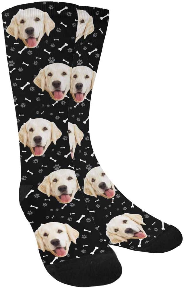 MyPupSocks Custom Personalized Photo Pet Face Socks, Cat and Dog Tracks Paws Bones Crew Socks with Picture for Men Women