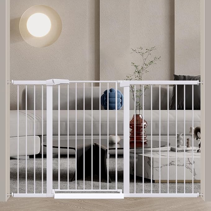 Fairy Baby 38" Extra Tall Baby Gate for Stairs and Doorways, 59.9"-65.3" Extra Wide Long Pet Gate, Metal Auto Close Safety Child Gate Fence for Puppy Pet, Pressure Mounted Walk Through Gate, White