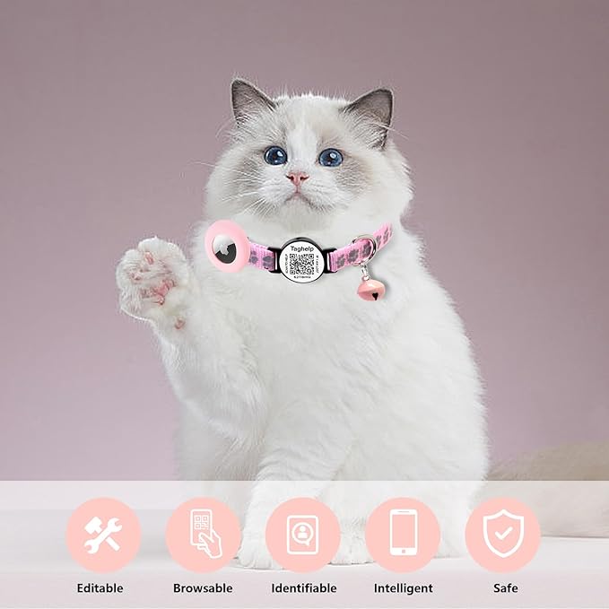 Airtag Cat Collar Breakaway with Bell & Reflective Design - Cute Paw Print Kitten Collar with Apple Airtag Holder & Safety Buckle - Perfect Pet Supplies, QR Code & Gifts for Girl & Boy Cats (Pink)