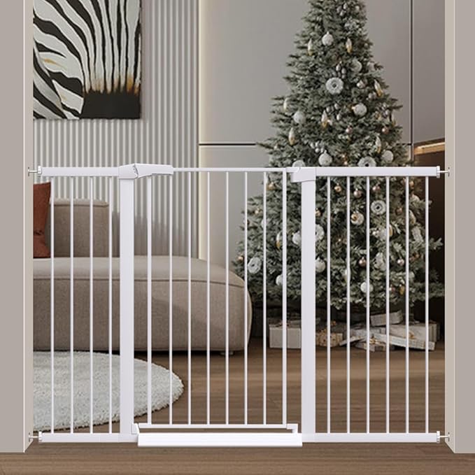 Fairy Baby 38" Extra Tall Baby Gate for Stairs Doorways, Extra Wide 54.4" to 59.8" Safety Dog Gate for House, Auto Close Pressure Mounted Easy Walk Through Pet Gate with Door, White