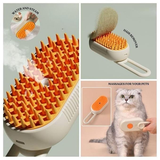 3-in-1 Steam Pet Brush for Cats & Dogs – Self-Cleaning Grooming Comb with Spray Mist, Massage & Shedding, Rechargeable USB, Anti-Static, Foldable Handle – Kakhi