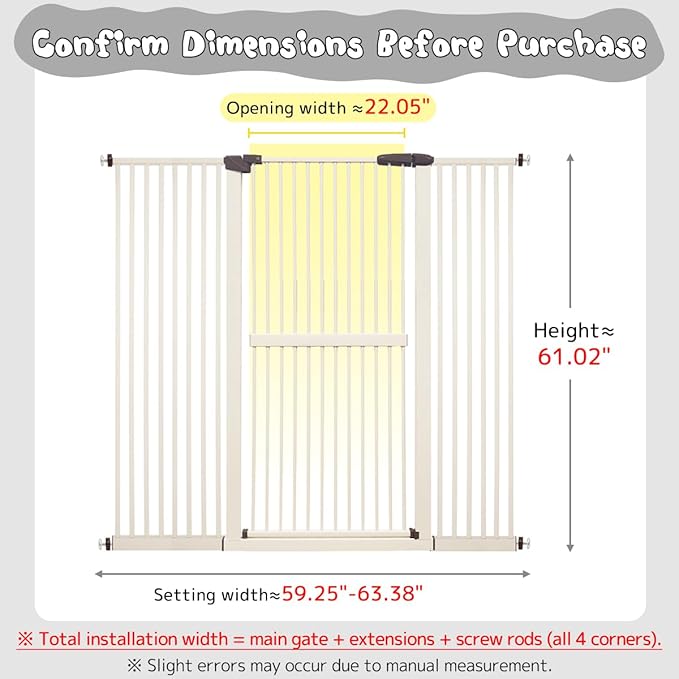 Lumizone Extra Tall Cat Gate 61.02" High Pressure Mounted Extra Wide 59.25"-63.38" (17Sizes) 1.37" Gap No Drilling Auto-Close Tall Pet Gate for Dogs (Cream, 59.25"-63.38" W)