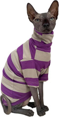 Vintage Stripes Sphynx Hairless Cats Shirt Cotton Cat Turtleneck Pet Clothes Kitten T-Shirts with Sleeves for Sphynx Cats (Wide Purple Grey Stripe, XX-Large)