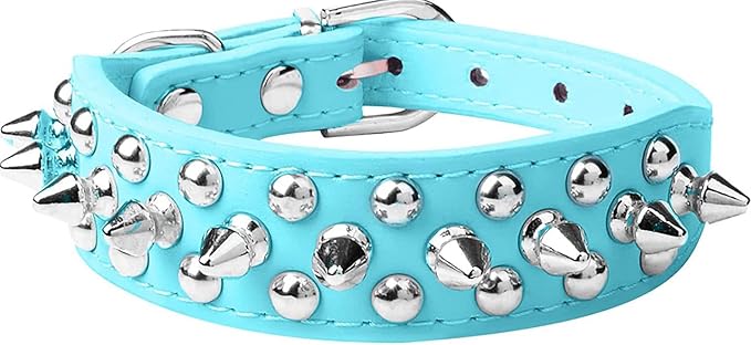 Spiked Dog Collar Soft Pu Leather Mushrooms Rivet Spike Studded Puppy Adjustable Pet Collars for Small Breeds (M, Light Blue)