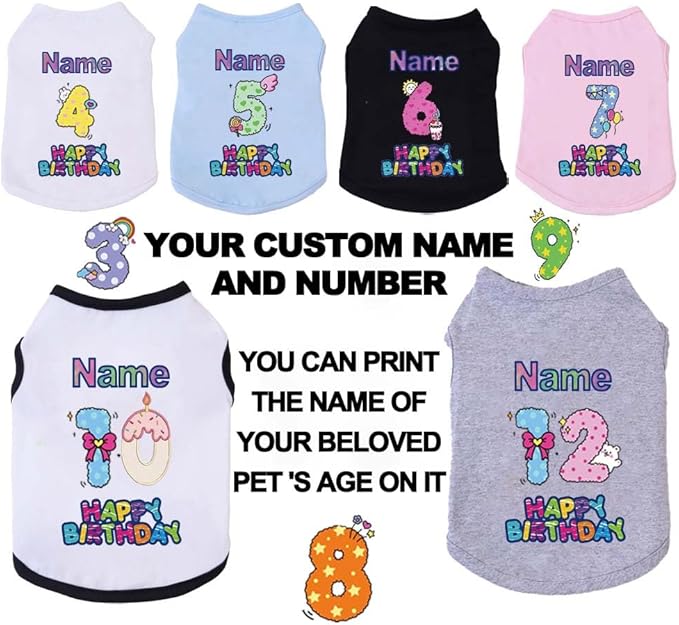 Custom Dog Birthday Shirt,Personalized Pet Apparel Print with Name Age Number,Pet Birthday Outfit,Lightweight Breathable Cotton Vest for Small Medium Large Dogs Cat (White, 7X-Large)