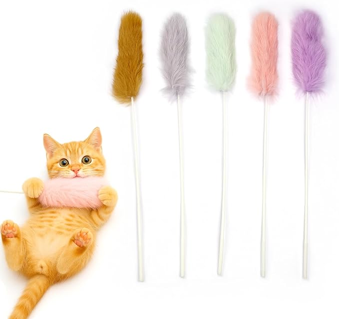 Rabbit Fur Cat Toys – 5PCS Interactive Cat Wand Toys for Indoor Cats, Soft Teaser Sticks for Play & Exercise, Natural Fur Cat's Teaser Set, 15" Long