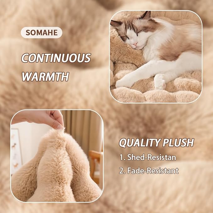 Self-Warming Cat Bed, Plush Faux Fur Pet Bed Mat with Anti-Slip Bottom, Ultra Soft Heated Bed for Cats & Medium Dogs, Cozy Fluffy Pad for Couch & Crate, Machine Washable, 27x20 Inch Coffee