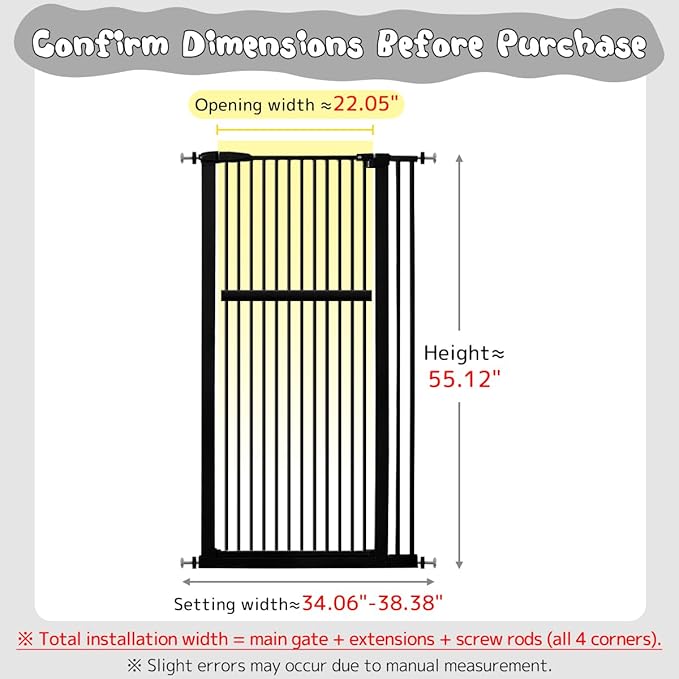 Lumizone Extra Tall Pet Gate 55.12" High Pressure Mounted 34.06"-38.38" Extra Wide (9 Sizes) 1.37" Gap for Cat Dog Stairs Doorway Hallway No Drilling Auto-Close (34.06"-38.38" W, Black)