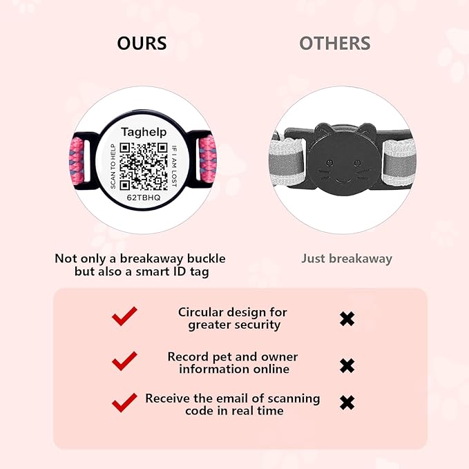 Reflective Cat Collar Personalized with Name ID Tag and Bell. QR Code Name Tag, Cat Smart ID Tag Breakaway.Ultra-Durable, Adjustable, Quick Release, Fits Most Cats (Pink)