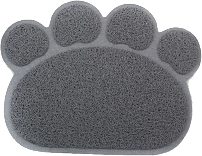 PVC Pet Dog Cat Puppy Kitten Dish Bowl Food Water Feeding Placemat, Non-Slip Cat Litter Mat Paw Shape, Grey Large