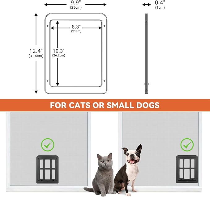 PETLESO Small Pet Door for Screen & Sliding Doors - 8.3" x 10.3" Magnetic Auto-Close Flap with Lockable Insert, Ideal for Cats & Small Dogs, Black