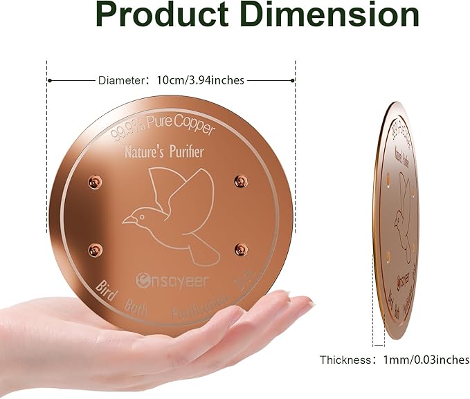Upgraded Bird Bath Copper Disk, 0.8mm Reinforced 99.99% Pure Copper Cleaning Disk, 4-Point Support&Concave Base for Physical Safe Clean Water, Outdoor All-Season Fit Birdbaths&Bowls