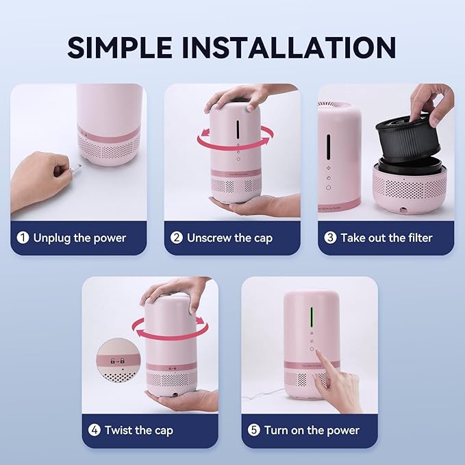 Air Purifiers for Home,HEPA Air Purifier for Room up to 960ft²,Air Purifiers for Odor,Dust,Quiet Air Cleaner for Office,Living Room,Bedroom,Type-C Charging,Included Adapter,Pink 2 Pack