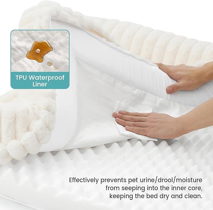 Cute Dog Bed for Small Dogs, Faux Rabbit Fur Orthopedic Foam Dog Bed with Sides, Removable Washable Cover & Waterproof Lining, Comfortable Pet Couch, Cream (30" L x 20" W x 6" Th)