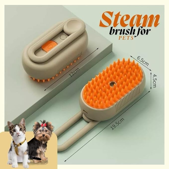 3-in-1 Steam Pet Brush for Cats & Dogs – Self-Cleaning Grooming Comb with Spray Mist, Massage & Shedding, Rechargeable USB, Anti-Static, Foldable Handle – Kakhi