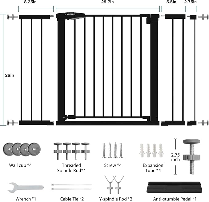 Mumeasy 29.7–48" Baby Gate for Stairs, Dog Gate for Doorways, Auto Close Child Gate, Indoor Safety Pet Gate with Walk Thru Door, Easy Install Pressure Mounted Extra Wide Gate for Kitchen, House, Black