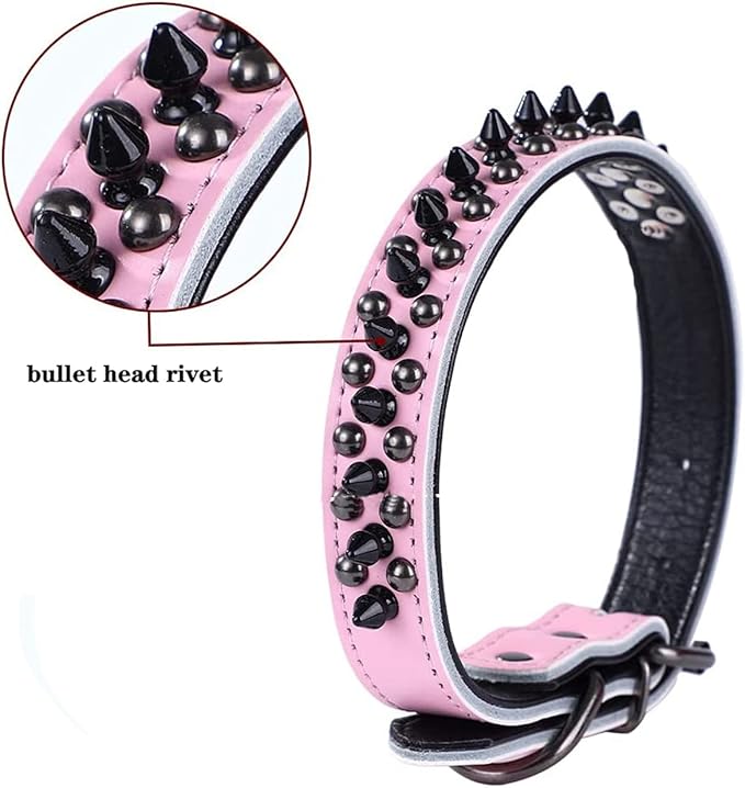Spiked Studded Dog Collar, Genuine Leather Dog Collar, Adjustable Pet Collars for Medium Large Bulldog Pitbull Mastiff Poodle Boxer (L:37-47cm, Pink-1)